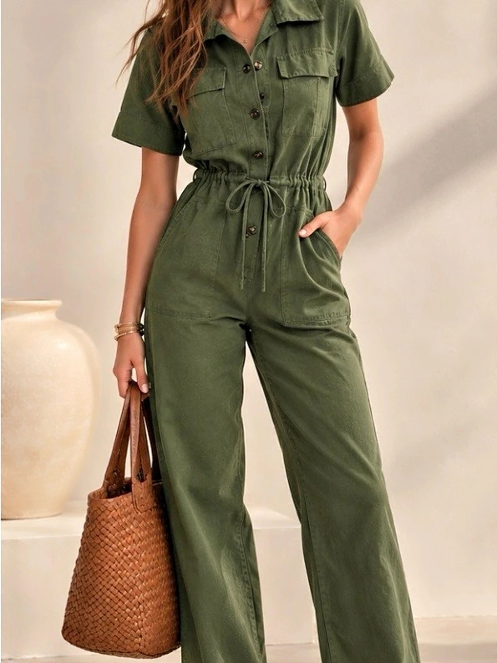 Banana Republic Utility Jumpsuit XXS Petite Olive Green Lyocell Drawstring
